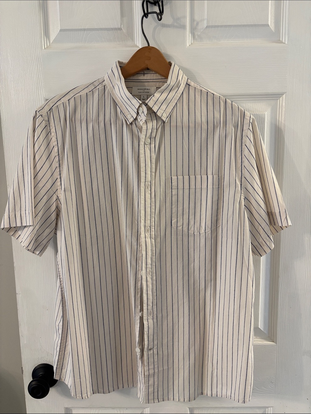 Banana Republic Cream Short-Sleeve Button-Down with Blue Pinstripes